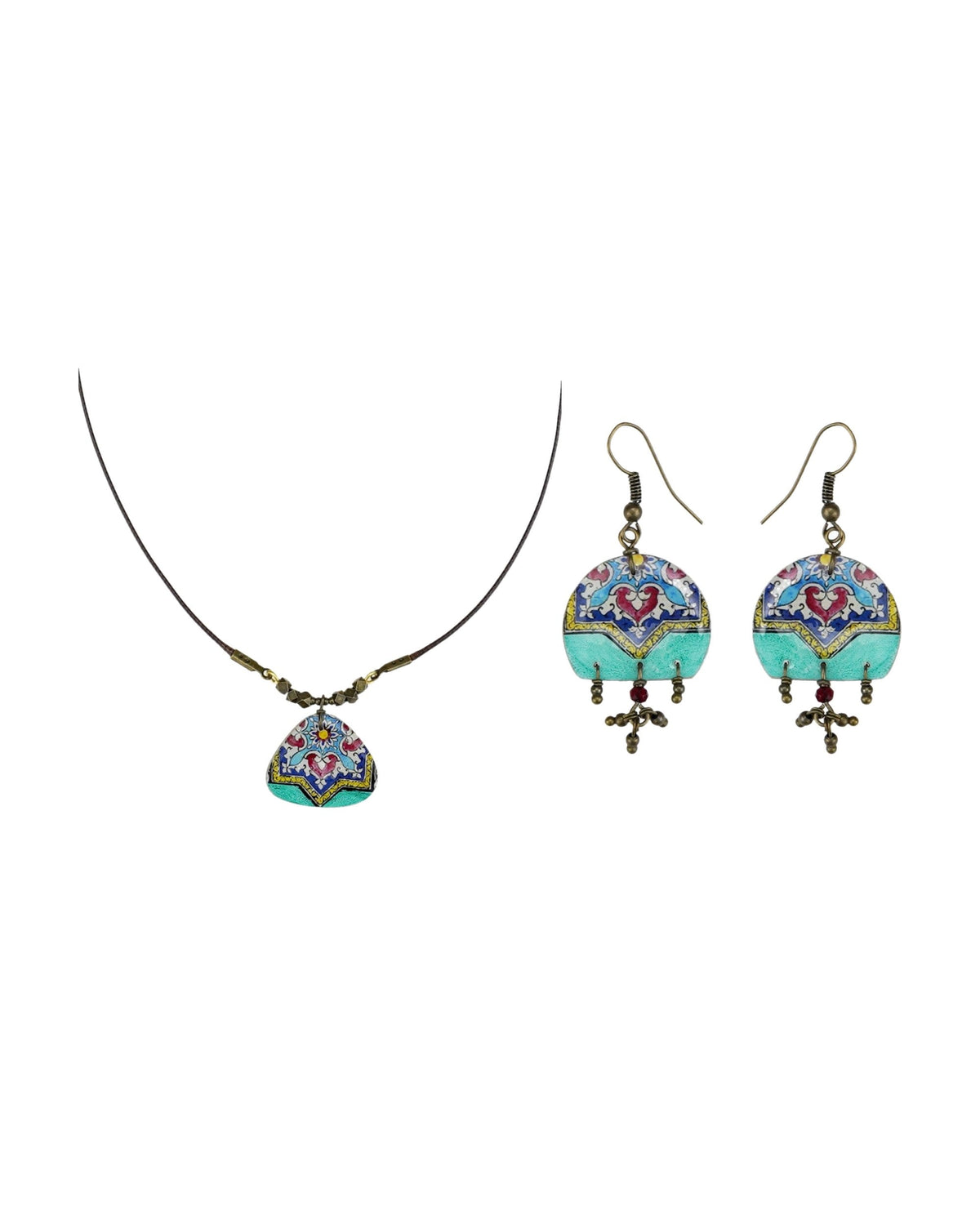 Zomorrod Gift Set – Rounded Triangle Tile Necklace & Arch Tile Earrings, Turquoise – handmade Persian tile jewellery, photo 1