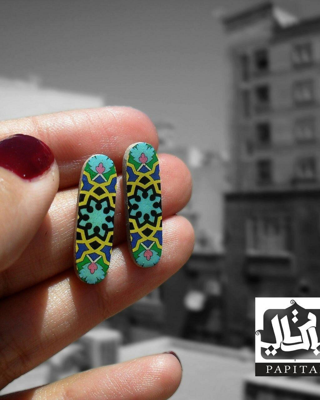 Zomorrod – Oblong Tile Stud Earrings – handmade Persian tile jewellery, photo 2