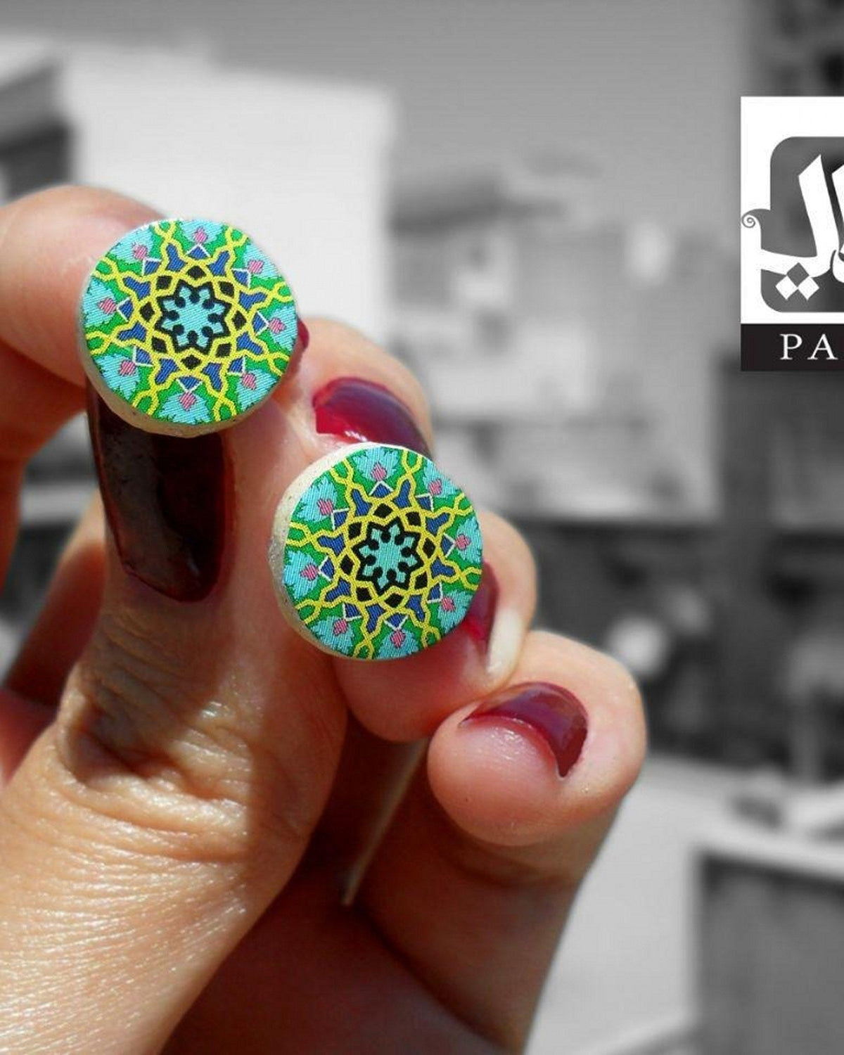 Zomorrod – Round Tile Stud Earrings – handmade Persian tile jewellery, photo 2
