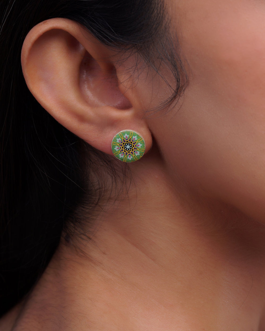 Zomorrod – Round Tile Stud Earrings – handmade Persian tile jewellery, photo 3