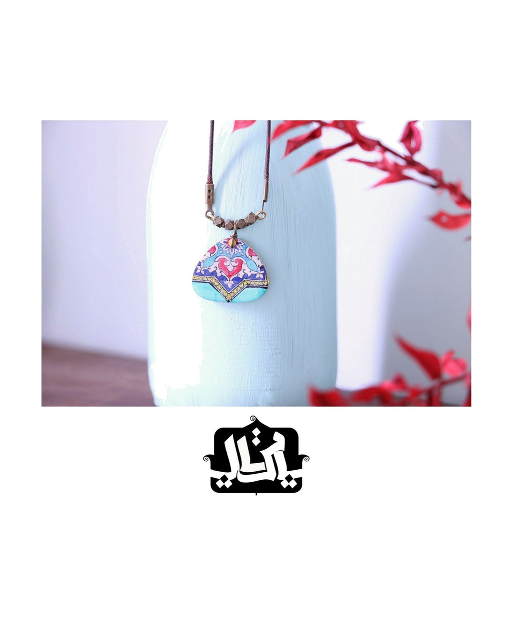 Zomorrod – Rounded Triangle Tile Necklace, Turquoise – handmade Persian tile jewellery, photo 3