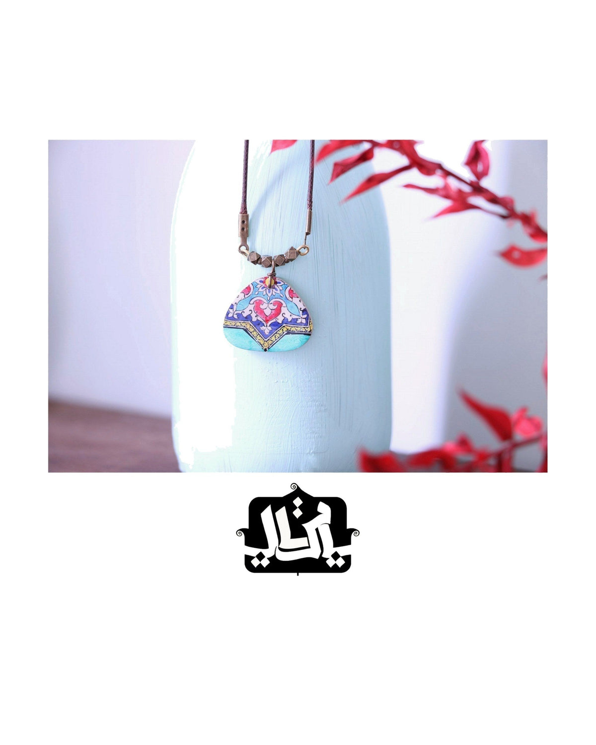 Zomorrod – Rounded Triangle Tile Necklace, Turquoise – handmade Persian tile jewellery, photo 3